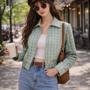 Vintage 1980s Gingham Teal Blue & Lime Green Plaid Zip Up Sport Jacket Women's M